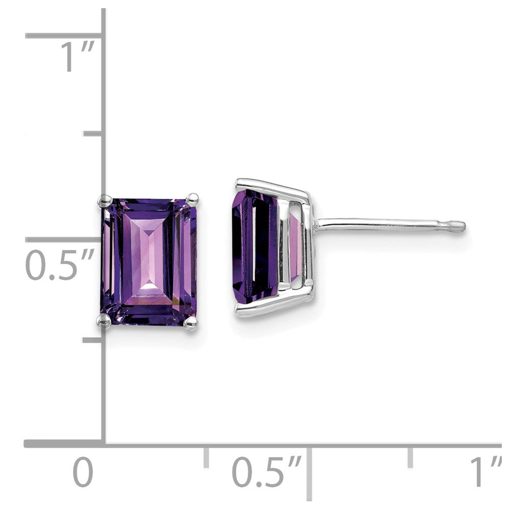 14k White Gold 8x6mm Emerald-Cut Amethyst Post Earrings