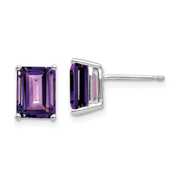 14k White Gold 8x6mm Emerald-Cut Amethyst Post Earrings