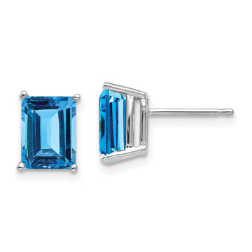 14k White Gold 8x6mm Emerald-Cut Blue Topaz Post Earrings