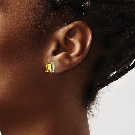 14k White Gold 8x6mm Emerald-Cut Citrine Post Earrings