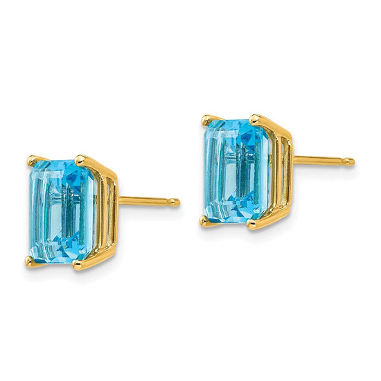 14k 9x7mm Emerald-Cut Blue Topaz Post Earrings