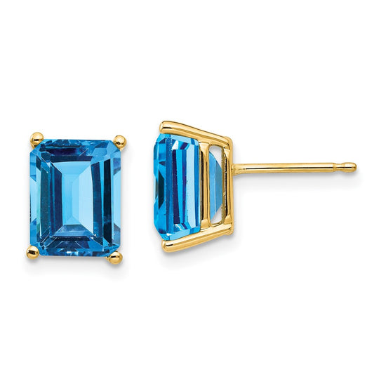 14k 9x7mm Emerald-Cut Blue Topaz Post Earrings