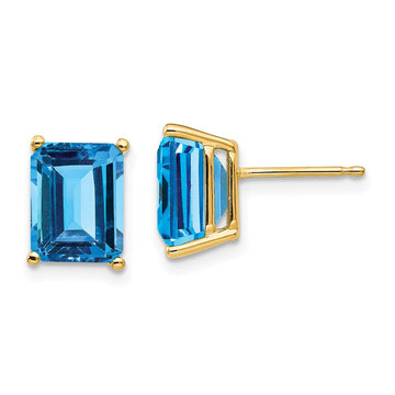 14k 9x7mm Emerald-Cut Blue Topaz Post Earrings