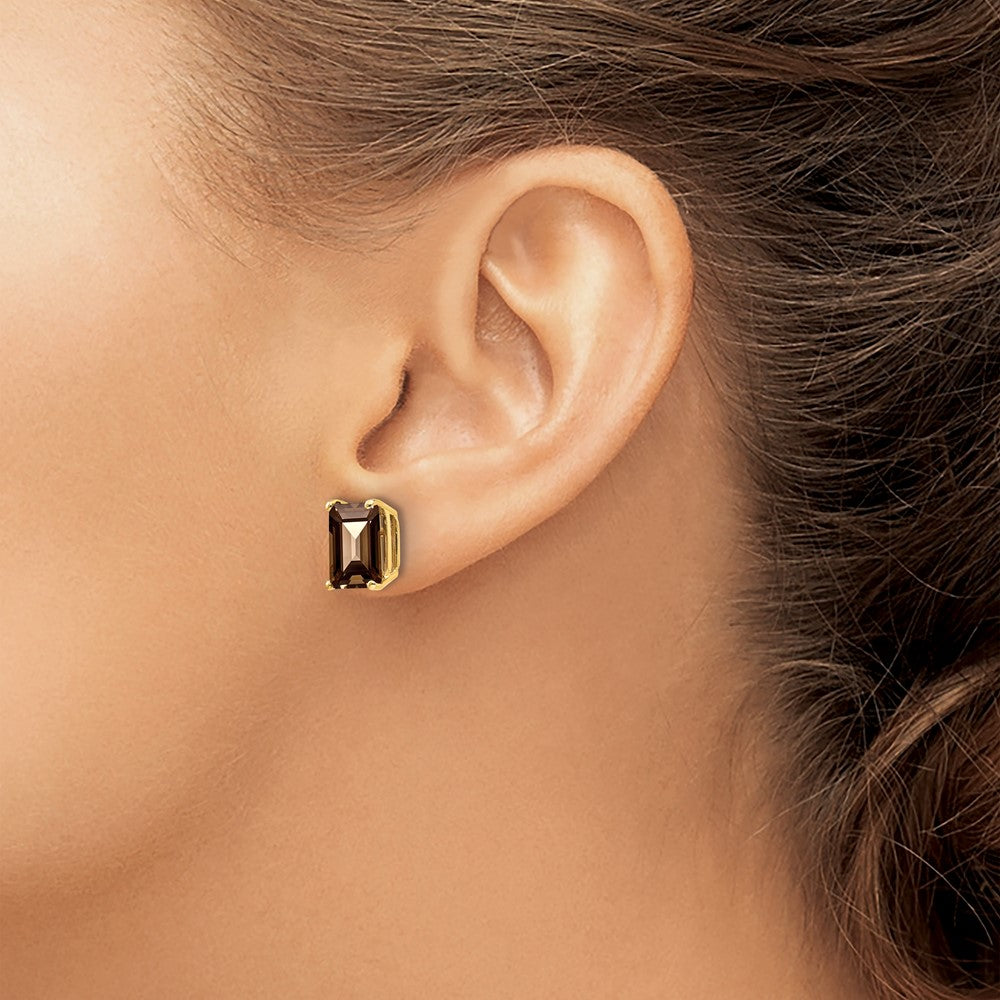 14k 9x7mm Emerald-cut Smoky Quartz Post Earrings