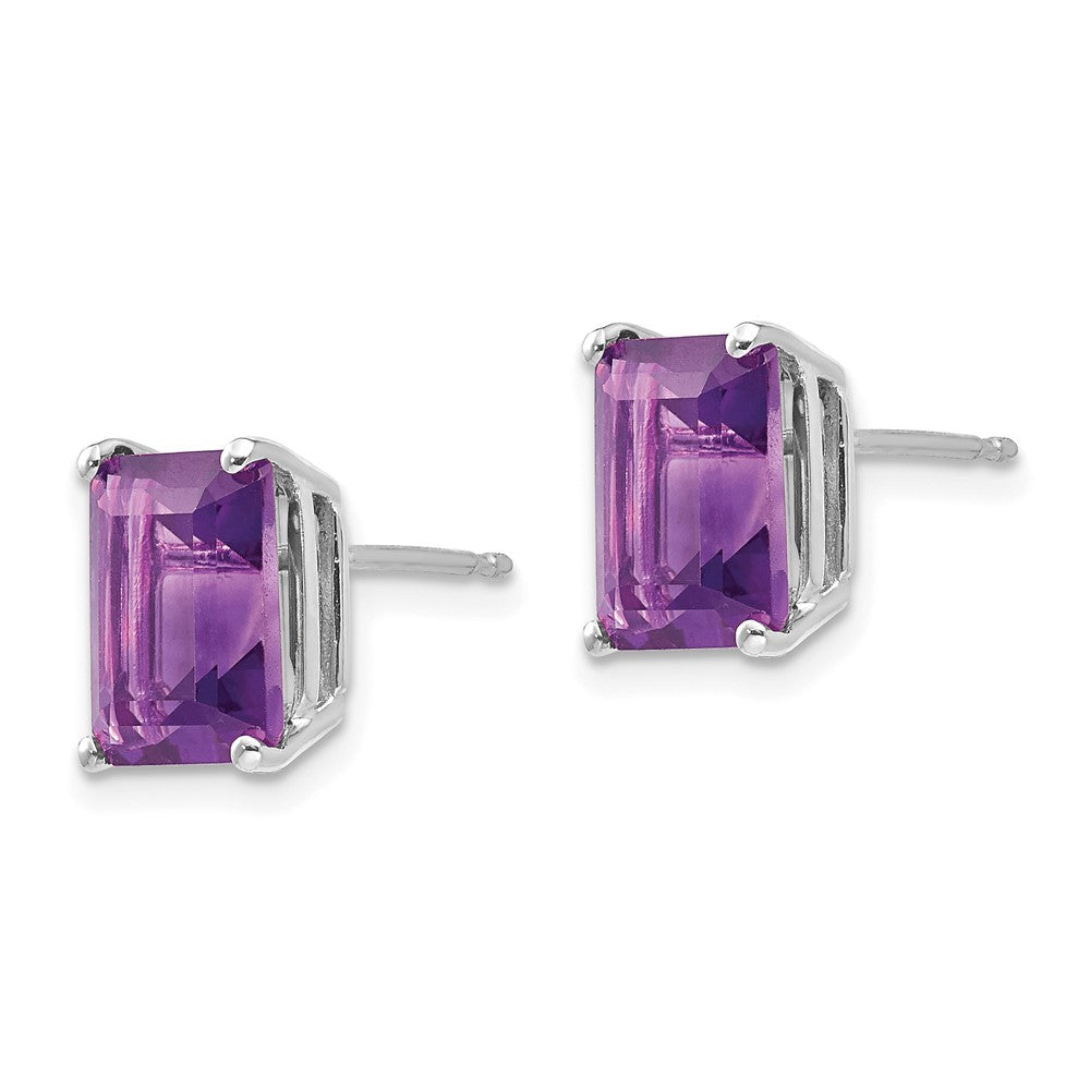 14k White Gold 9x7mm Emerald-Cut Amethyst Post Earrings