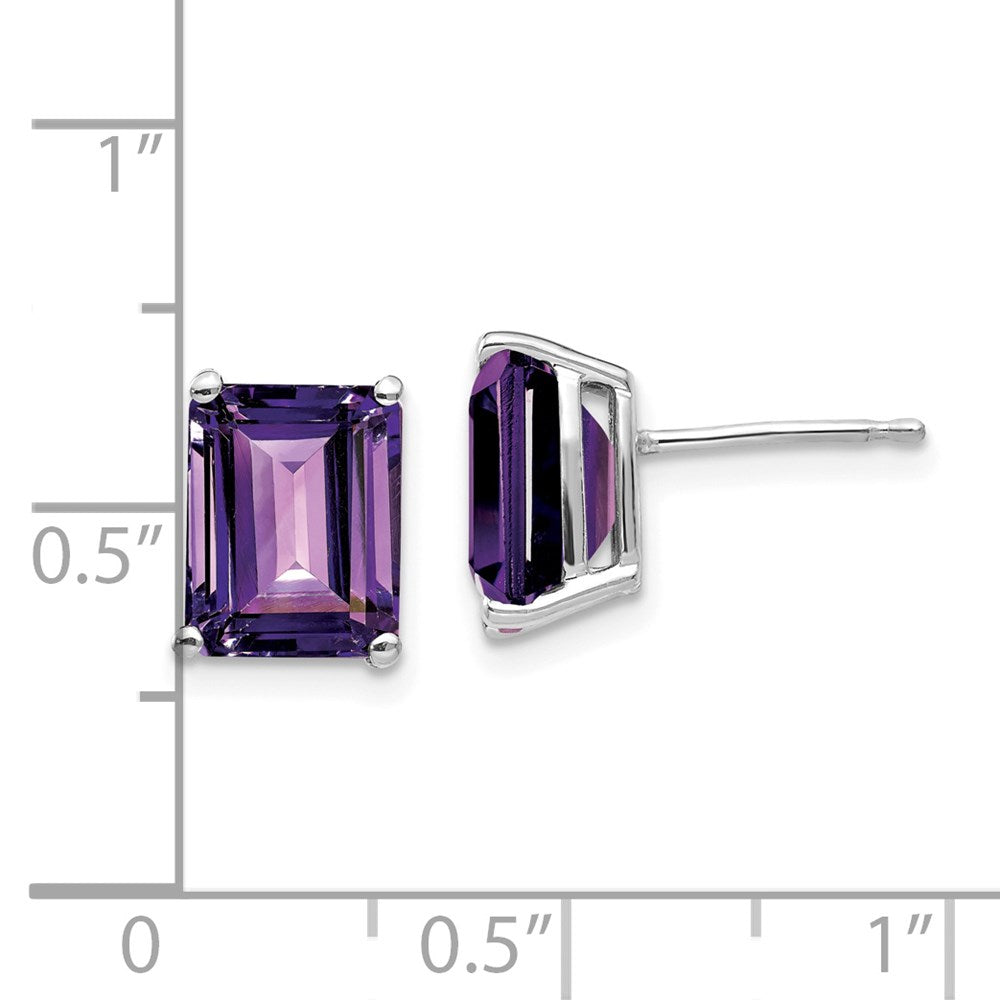 14k White Gold 9x7mm Emerald-Cut Amethyst Post Earrings