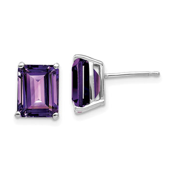 14k White Gold 9x7mm Emerald-Cut Amethyst Post Earrings