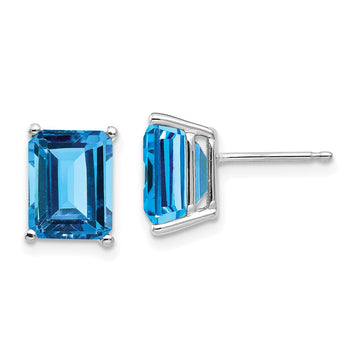 14k White Gold 9x7mm Emerald-Cut Blue Topaz Post Earrings