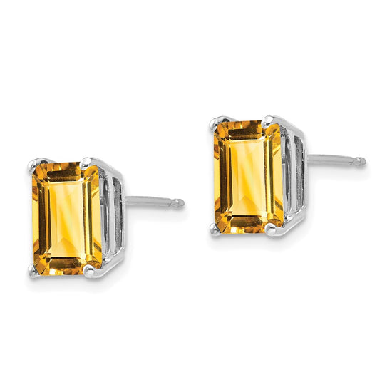 14k White Gold 9x7mm Emerald-Cut Citrine Post Earrings
