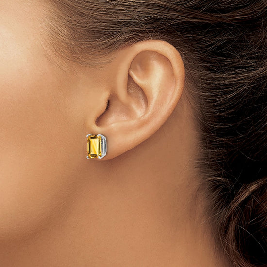 14k White Gold 9x7mm Emerald-Cut Citrine Post Earrings