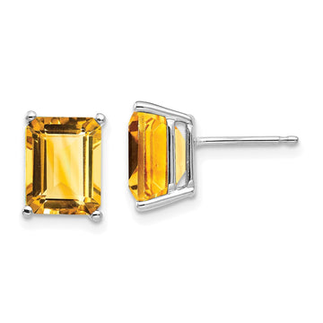14k White Gold 9x7mm Emerald-Cut Citrine Post Earrings
