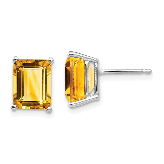 14k White Gold 9x7mm Emerald-Cut Citrine Post Earrings