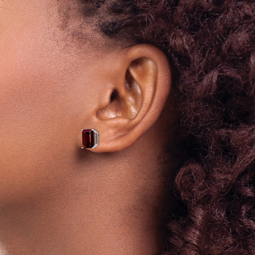 14k White Gold 9x7mm Emerald-cut Garnet Post Earrings