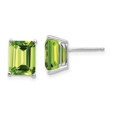 14k White Gold 9x7mm Emerald-Cut Peridot Post Earrings