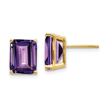 14k 10x8mm Emerald-Cut Amethyst Post Earrings