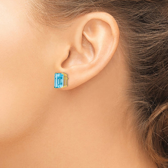 14k 10x8mm Emerald-Cut Blue Topaz Post Earrings