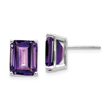 14k White Gold 10x8mm Emerald-Cut Amethyst Stud Post Earrings