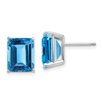 14k White Gold 10x8mm Emerald-Cut Blue Topaz Post Earrings