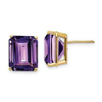 14k 12x10mm Emerald-Cut Amethyst Post Earrings