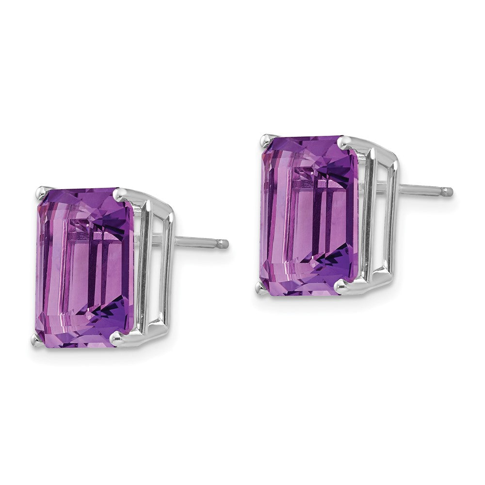 14k White Gold 12x10mm Emerald-Cut Amethyst Post Earrings