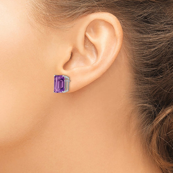 14k White Gold 12x10mm Emerald-Cut Amethyst Post Earrings