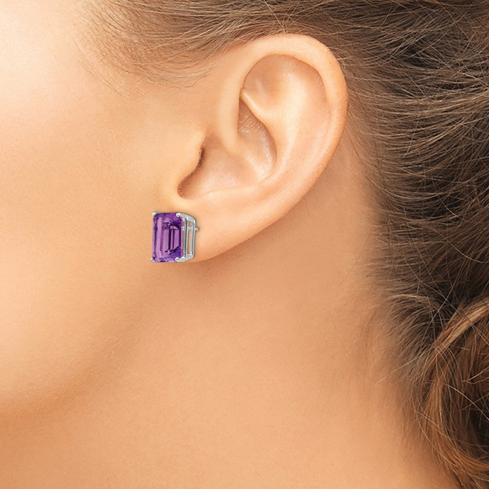 14k White Gold 12x10mm Emerald-Cut Amethyst Post Earrings