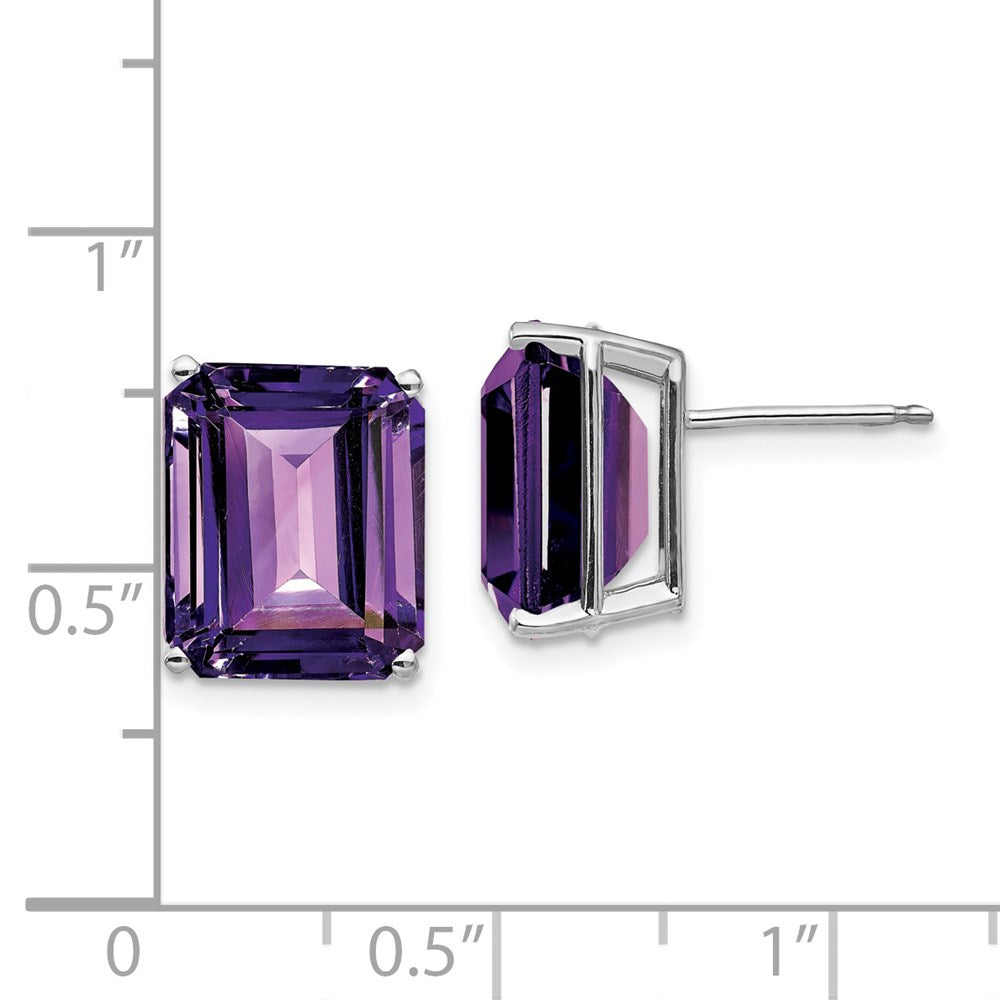 14k White Gold 12x10mm Emerald-Cut Amethyst Post Earrings