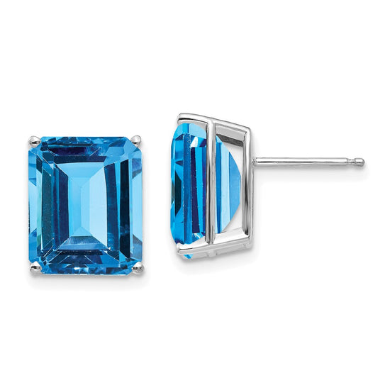 14k White Gold 12x10mm Emerald-Cut Blue Topaz Post Earrings