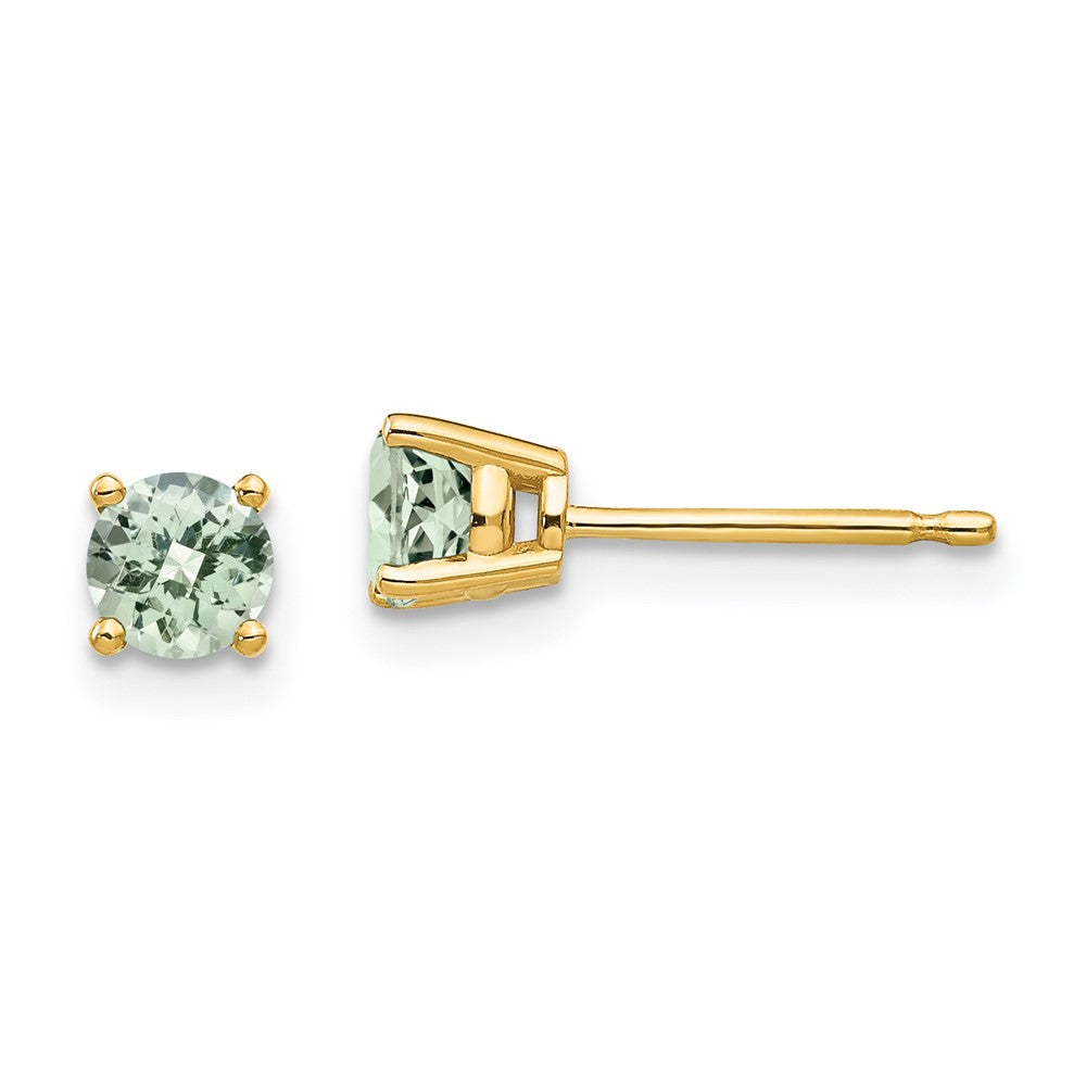 14k 4mm Round Checker-Cut Green Quartz Post Earrings