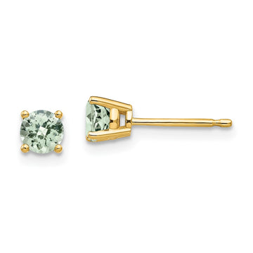 14k 4mm Round Checker-Cut Green Quartz Post Earrings