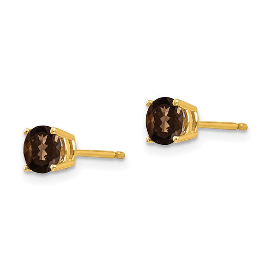 14k 5mm Round Checker-Cut Smoky Quartz Post Earrings