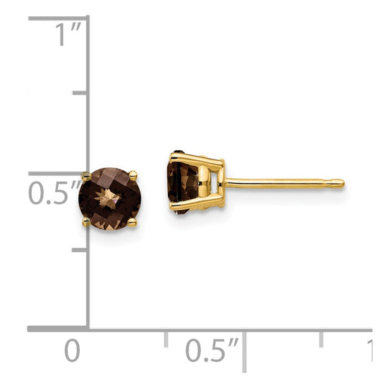 14k 5mm Round Checker-Cut Smoky Quartz Post Earrings