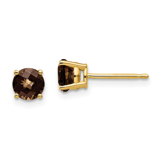 14k 5mm Round Checker-Cut Smoky Quartz Post Earrings