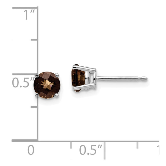 14k White Gold 5mm Round Checker-Cut Smoky Quartz Post Earrings