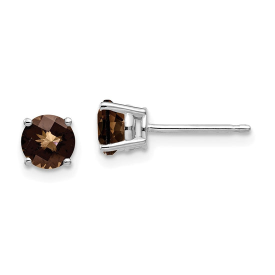 14k White Gold 5mm Round Checker-Cut Smoky Quartz Post Earrings
