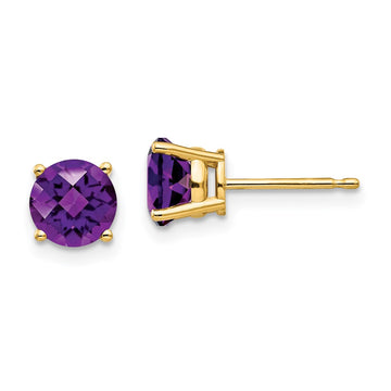 14k 6mm Round Checker-cut Amethyst Post Earrings
