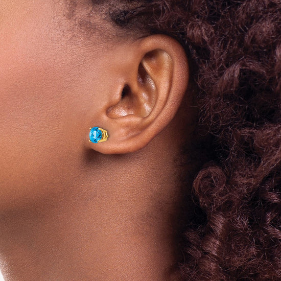 14k 6mm Round Checker-cut Blue Topaz Post Earrings