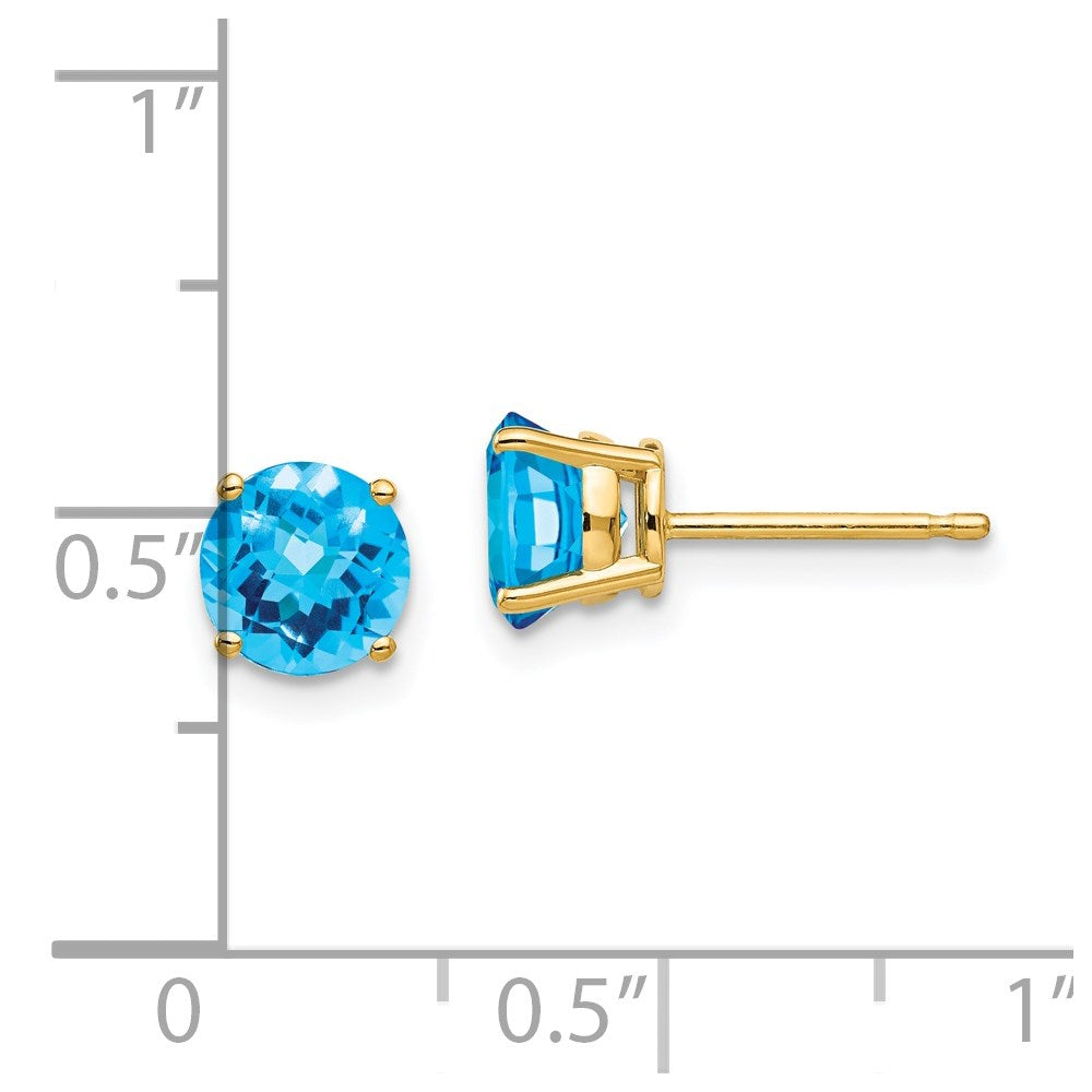 14k 6mm Round Checker-cut Blue Topaz Post Earrings