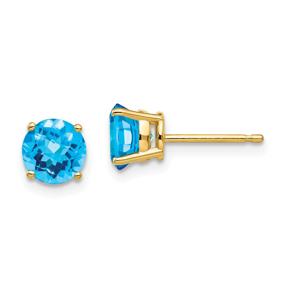 14k 6mm Round Checker-cut Blue Topaz Post Earrings