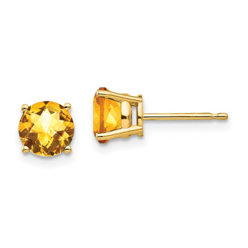 14k 6mm Round Checker-cut Citrine Post Earrings