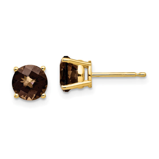 14k 6mm Round Checker-cut Smoky Quartz Post Earrings