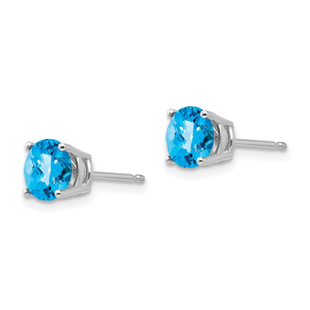 14k White Gold 6mm Round Checker-cut Blue Topaz Post Earrings