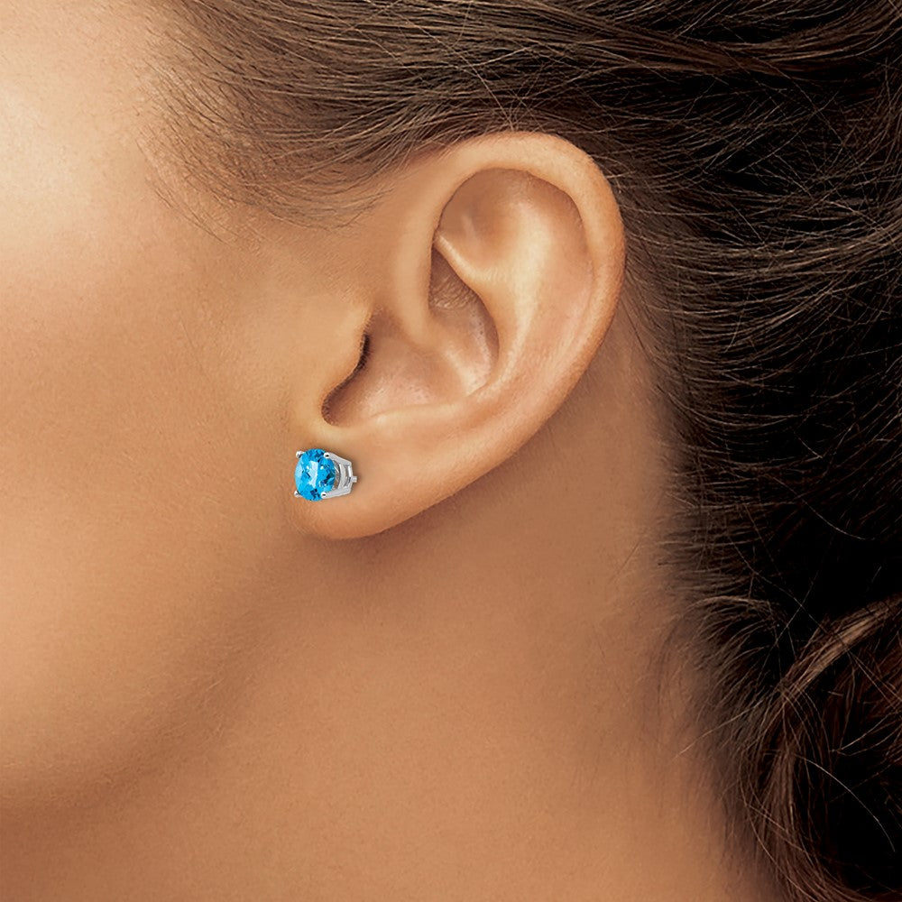 14k White Gold 6mm Round Checker-cut Blue Topaz Post Earrings