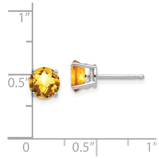 14k White Gold 6mm Round Checker-cut Citrine Post Earrings