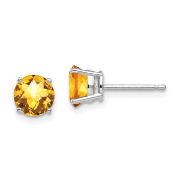 14k White Gold 6mm Round Checker-cut Citrine Post Earrings