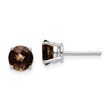 14k White Gold 6mm Round Checker-cut Smoky Quartz Post Earrings