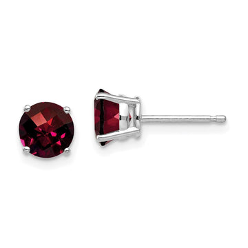 14k White Gold 6mm Round Checker-cut Garnet Post Earrings