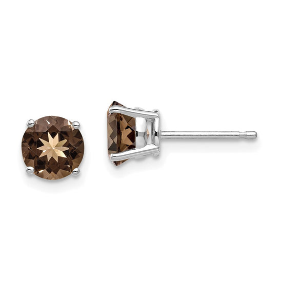 14k White Gold 6mm Round Smoky Quartz Post Earrings