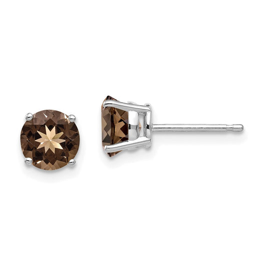 14k White Gold 6mm Round Smoky Quartz Post Earrings
