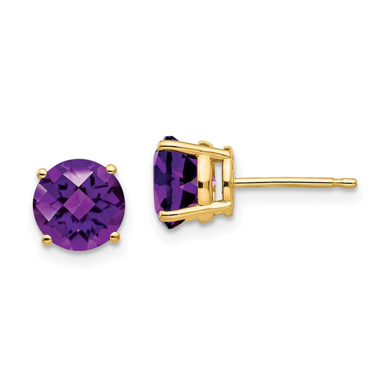 14k 7mm Round Checker-cut Amethyst Post Earrings